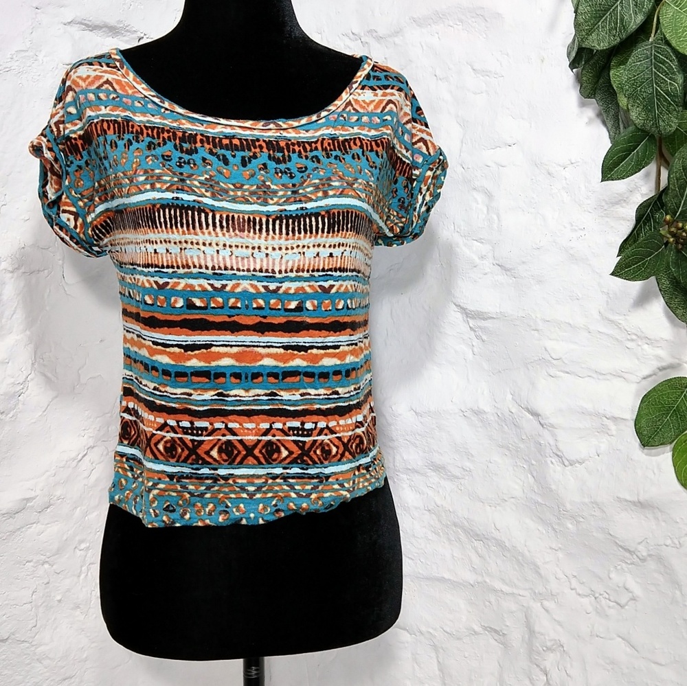 C&S southwest print teal and orange cropped tee
